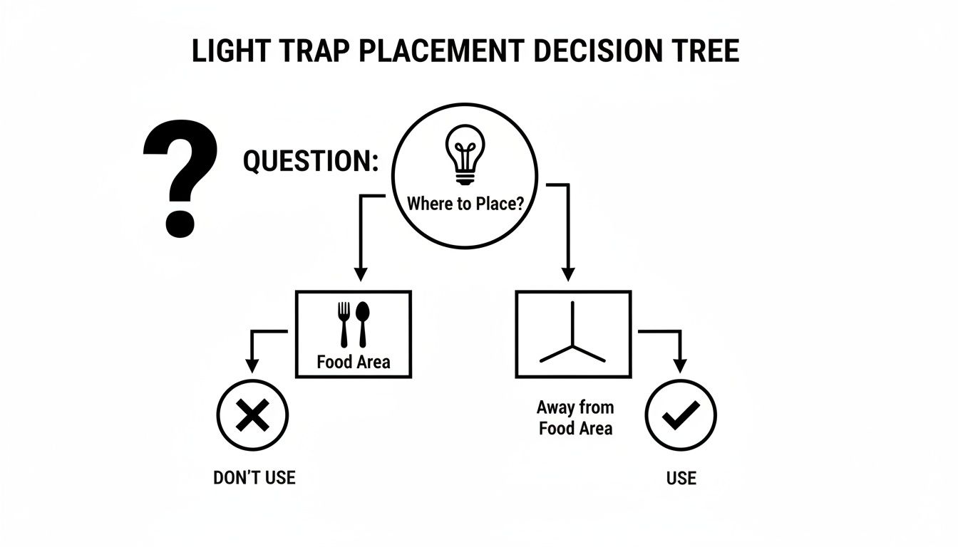 Light trap placement decision tree advising not to use in food areas, but to use away from them.