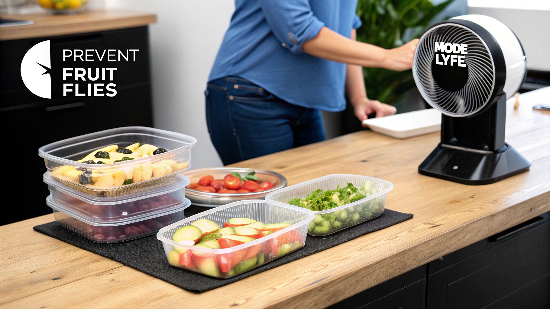 Fresh fruit and vegetables in containers on a kitchen counter, with a fan to prevent fruit flies.