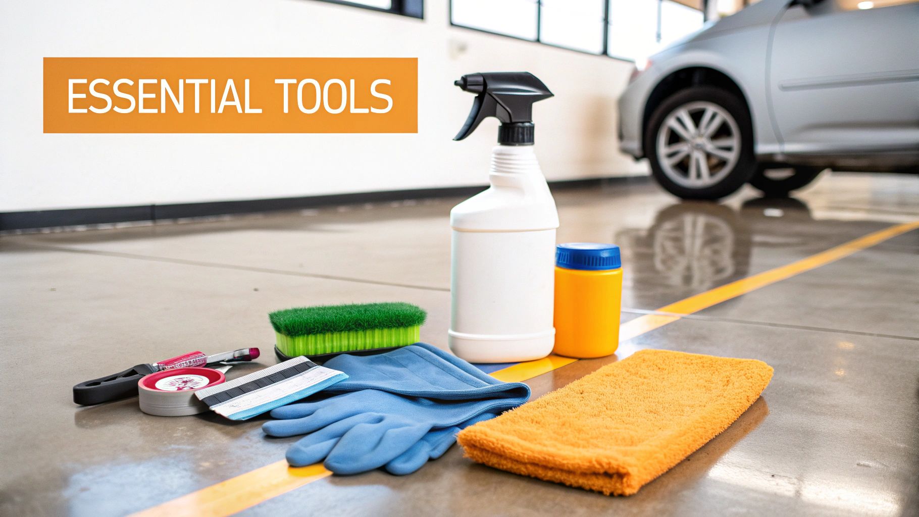 Essential car detailing tools including spray bottle, brush, gloves, and towel on a garage floor.