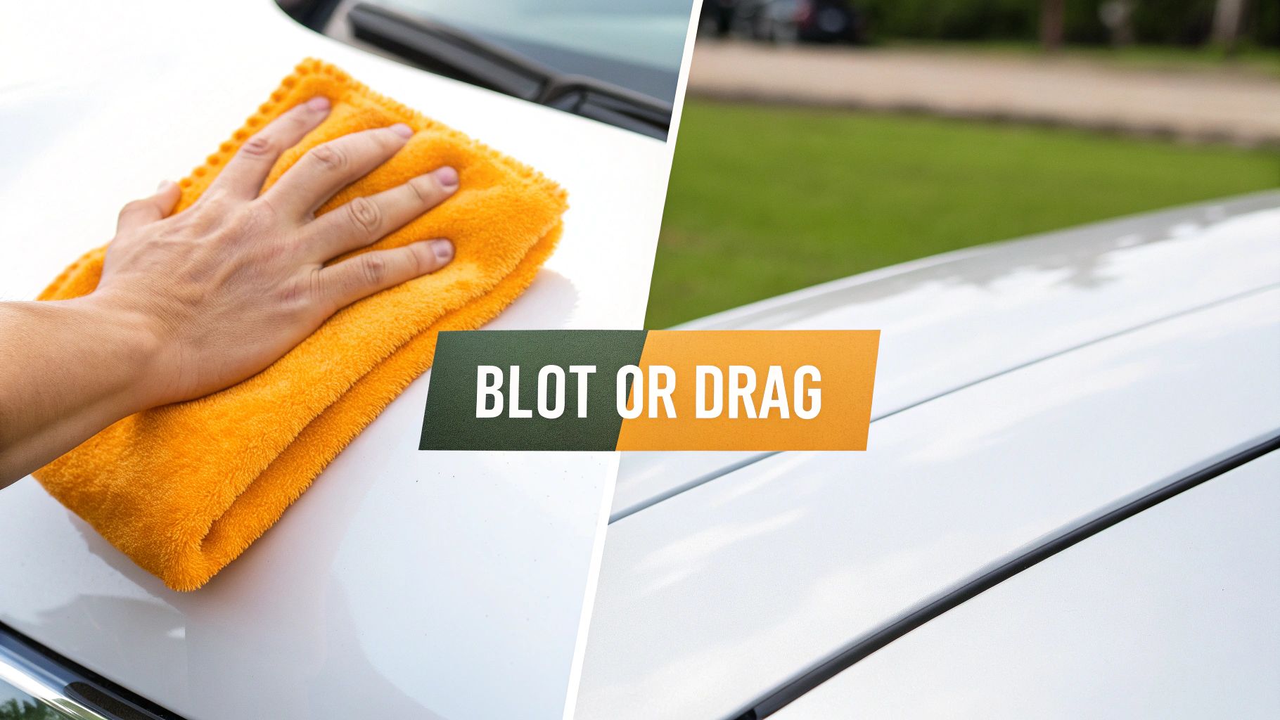 A person gently dragging a large blue car wash drying towel across the hood of a black car, absorbing water.