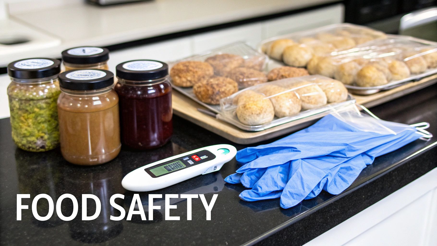 Food safety equipment including thermometer, gloves, and baked goods on commercial kitchen counter