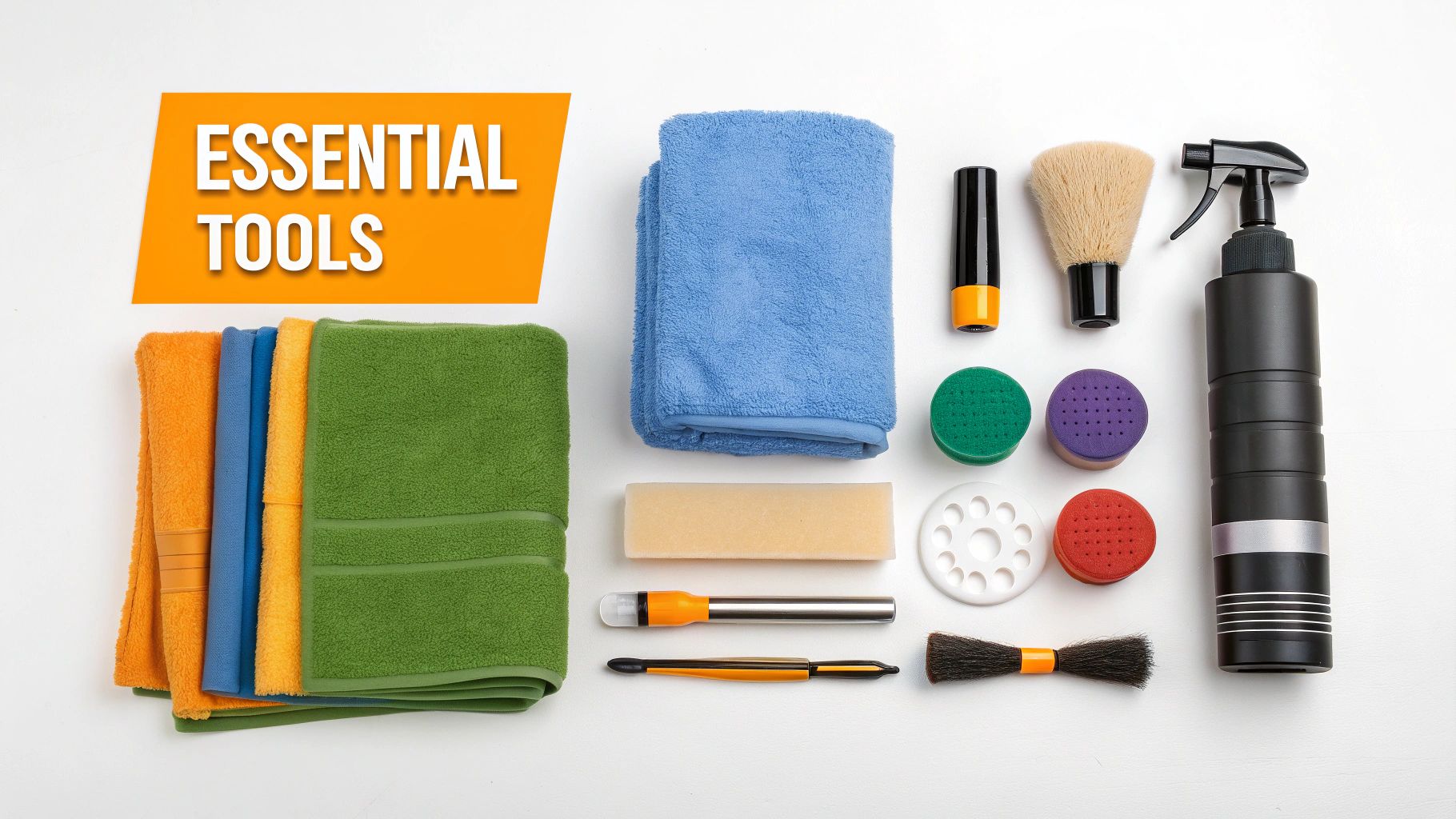 Professional car detailing essential tools including microfiber towels, brushes, spray bottle, and foam applicator pads