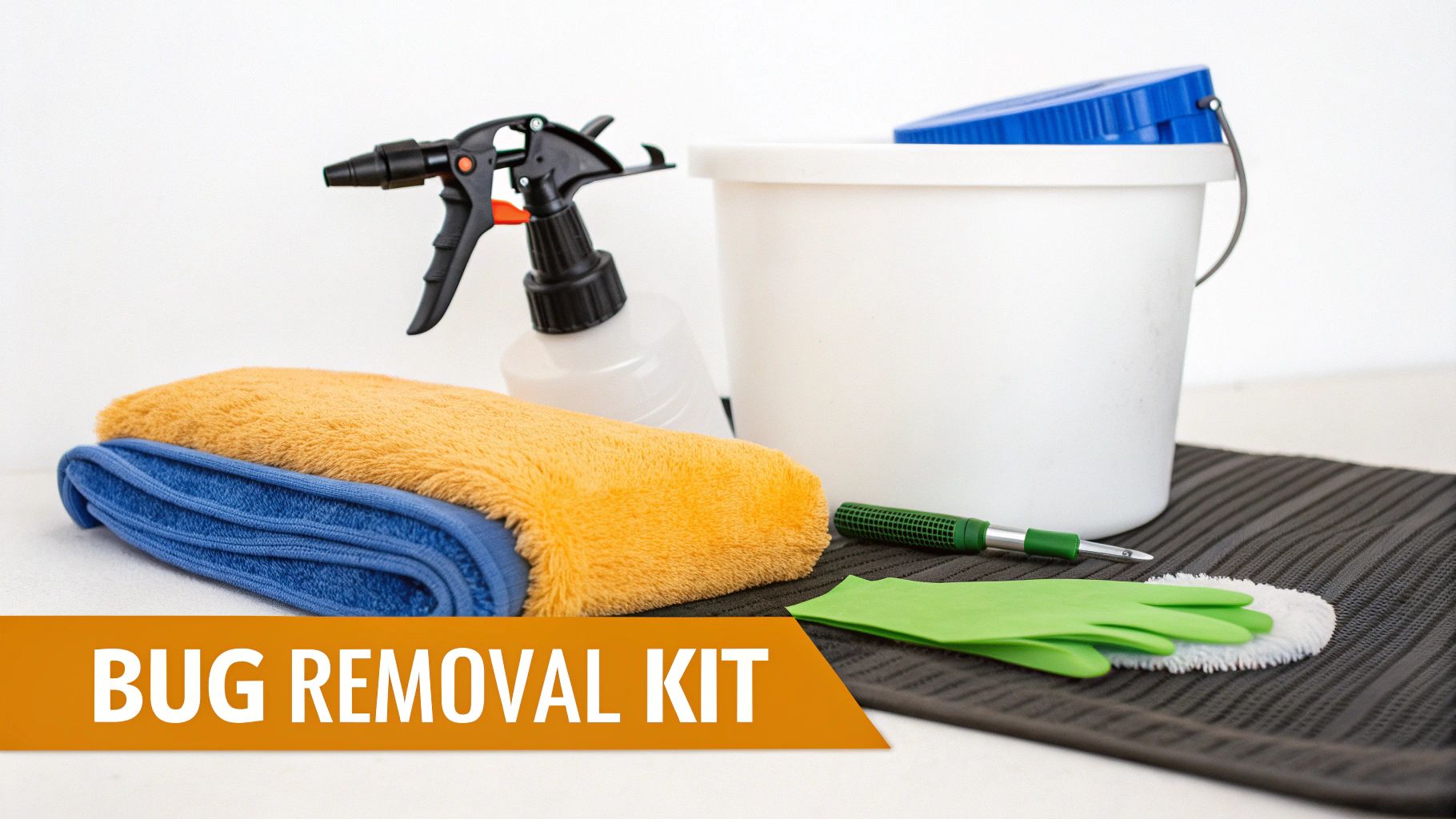A comprehensive bug removal kit with a spray bottle, towels, bucket, cleaning tools, and gloves.