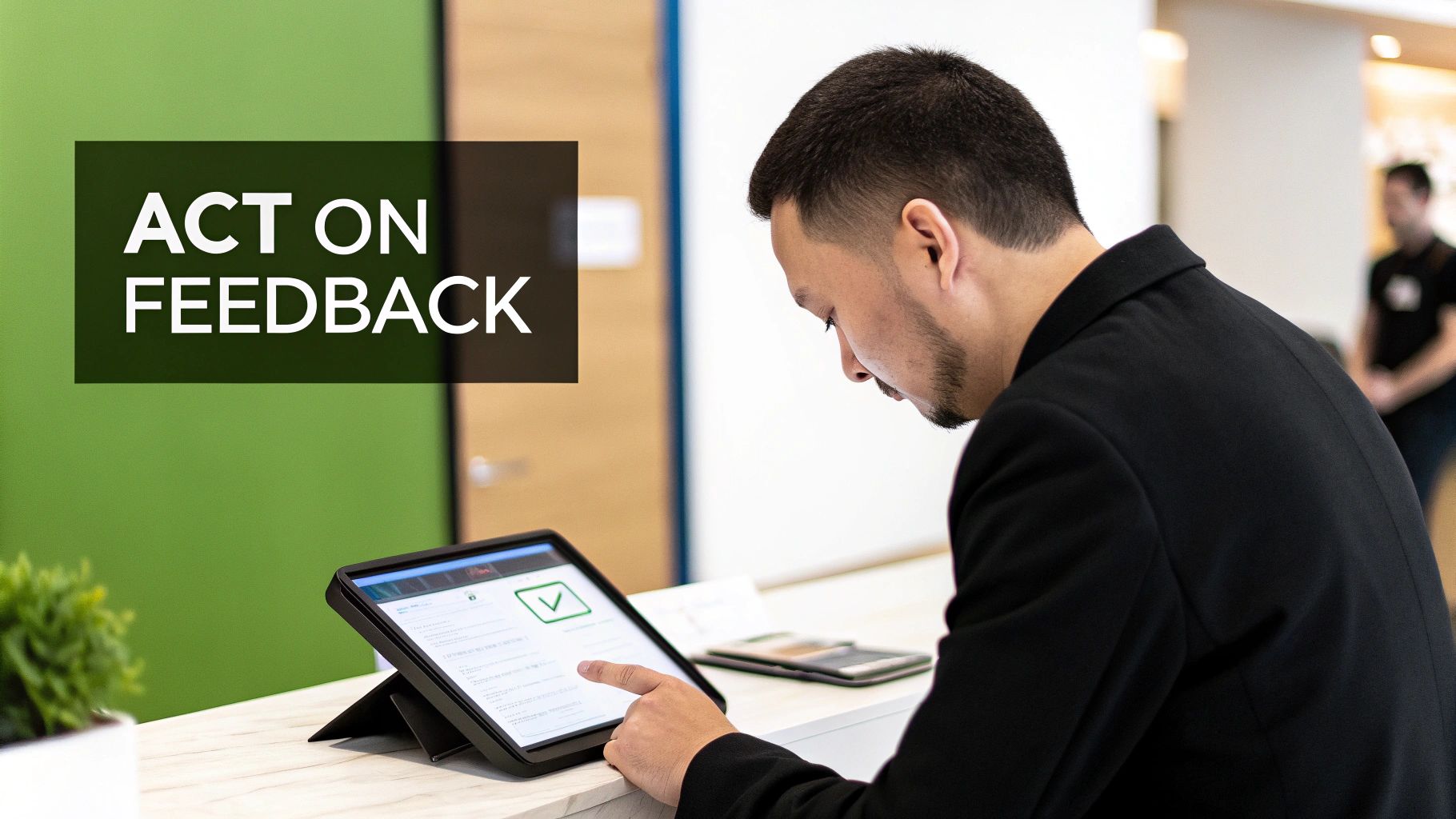 A man in a suit jacket actively engages with a tablet displaying a positive feedback completion screen.