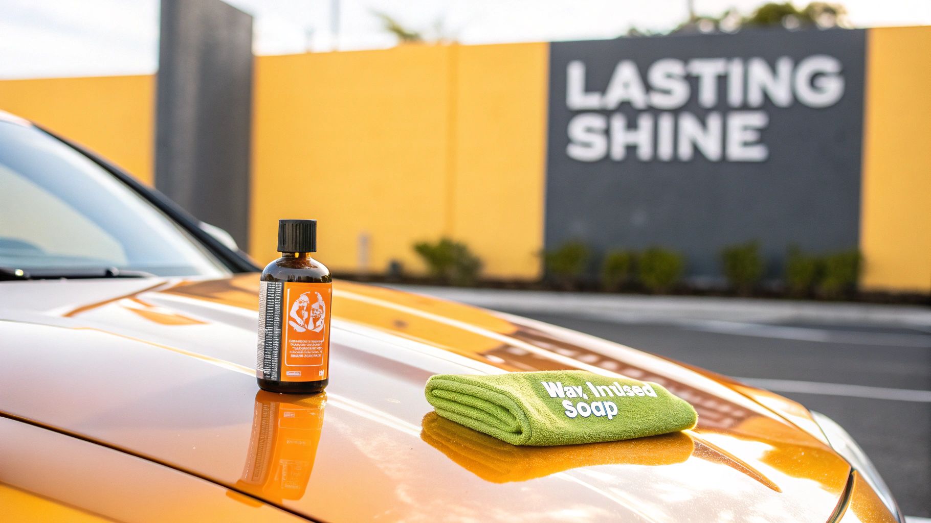 A bottle of car wax and a 'Wax Infused Soap' towel on a shiny orange car.