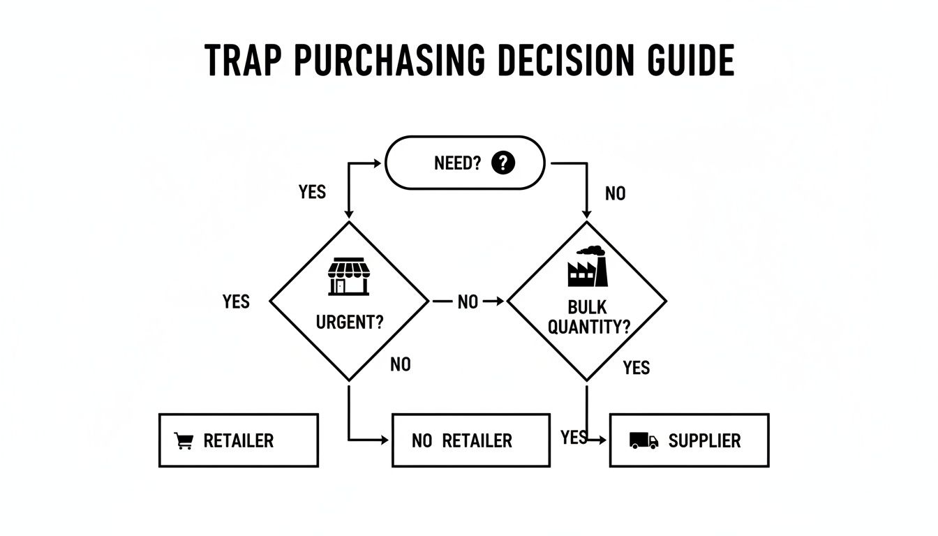 Flowchart illustrating a trap purchasing decision guide, directing users to retailers or suppliers.