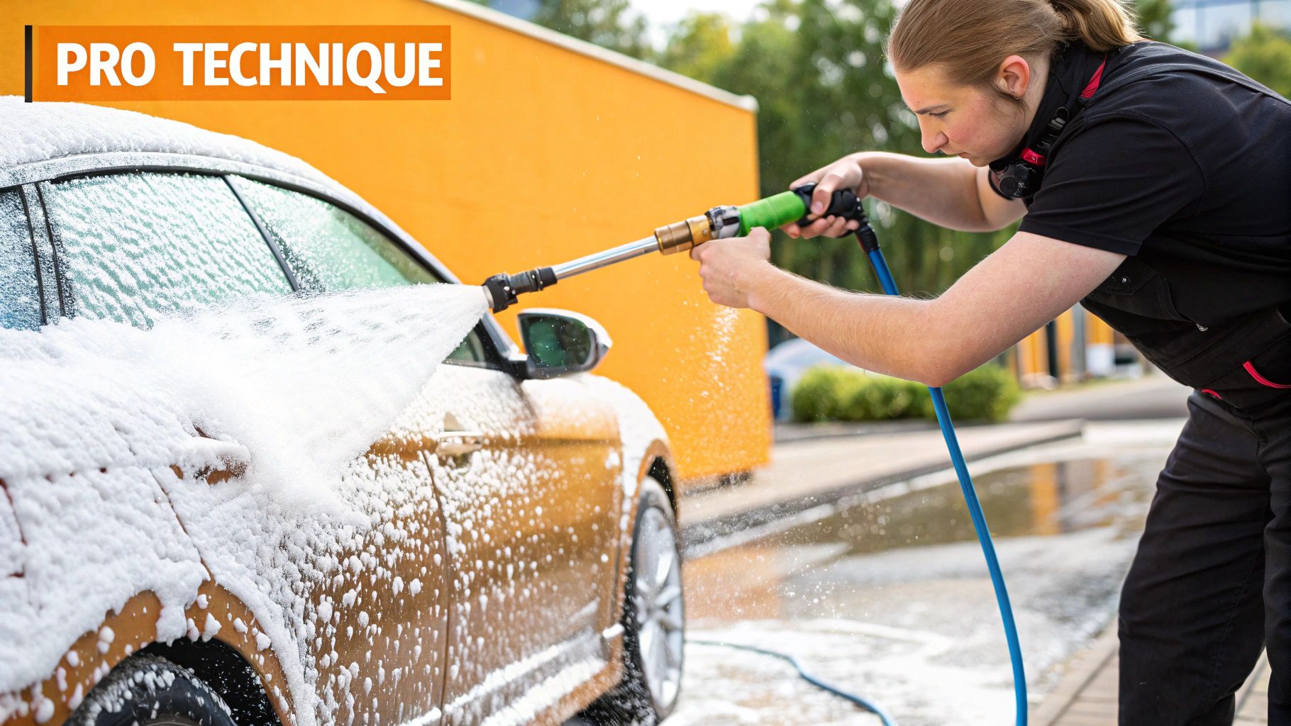 A close-up shot of a foam cannon nozzle spraying thick, white foam onto the side of a red car.