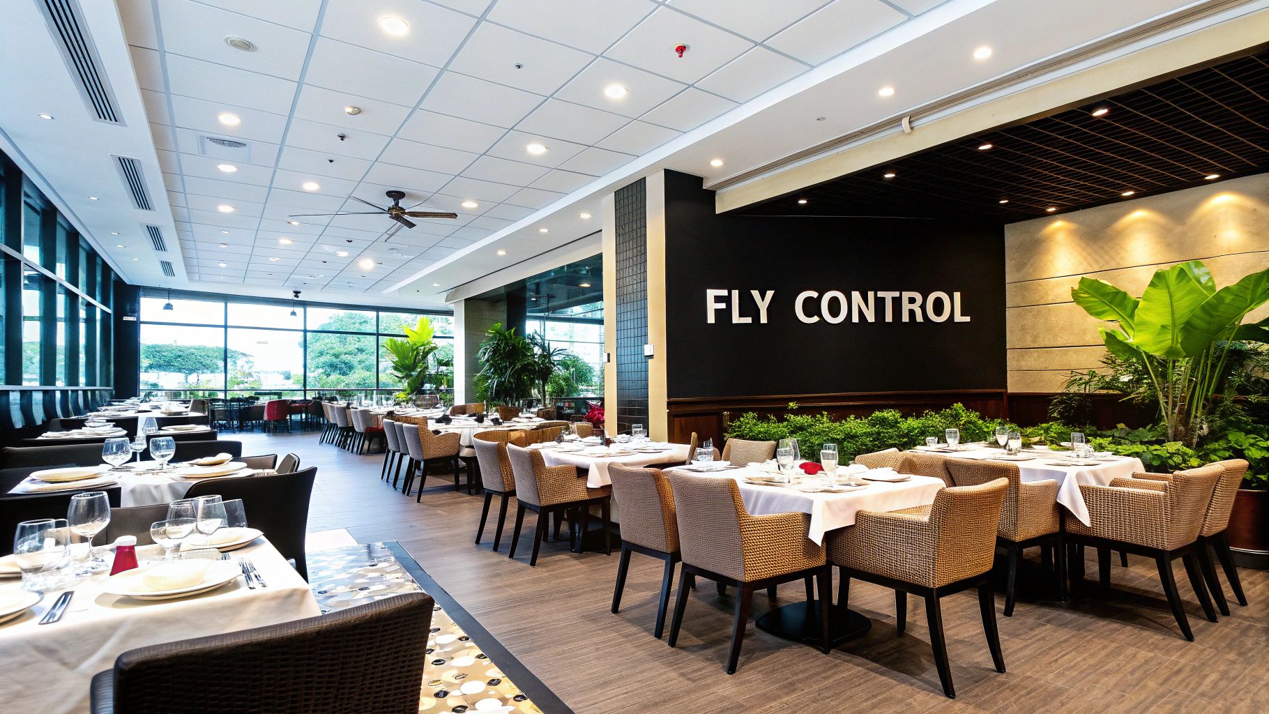 A clean and modern restaurant dining area, implying good hygiene and control.