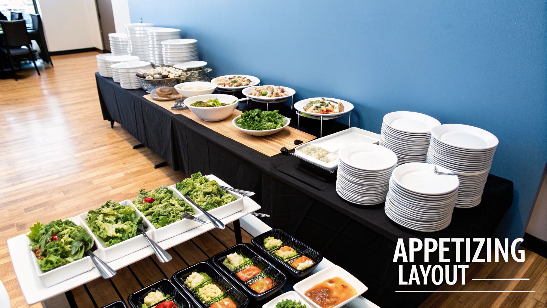 Appetizing buffet table featuring fresh salads, various dishes, and neatly stacked plates for an event.