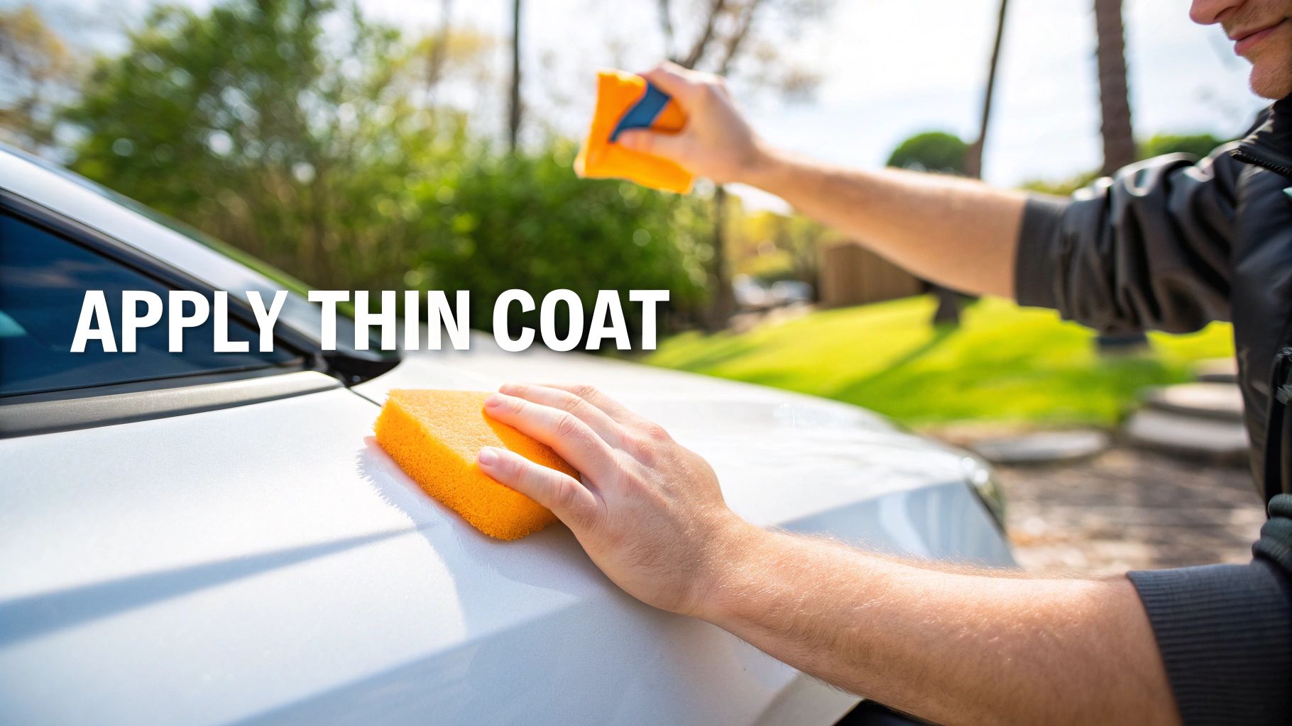 A person's hands applying a thin coat to a white car's hood with an orange sponge.