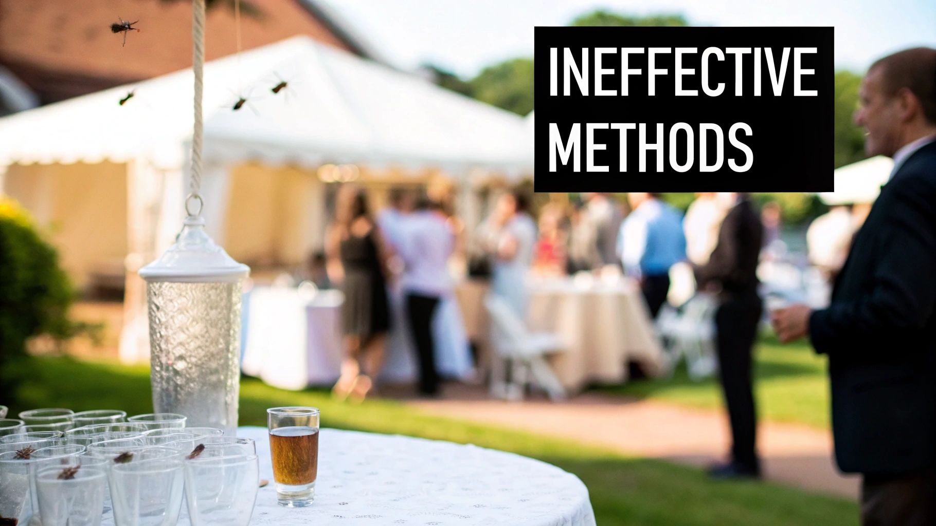 Outdoor party table with glasses, a lantern, and hanging fake insects, labeled 'INEFFECTIVE METHODS'.