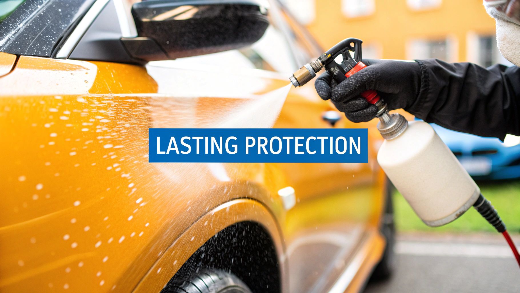 A person applying a protective coating to a shiny, detailed car.
