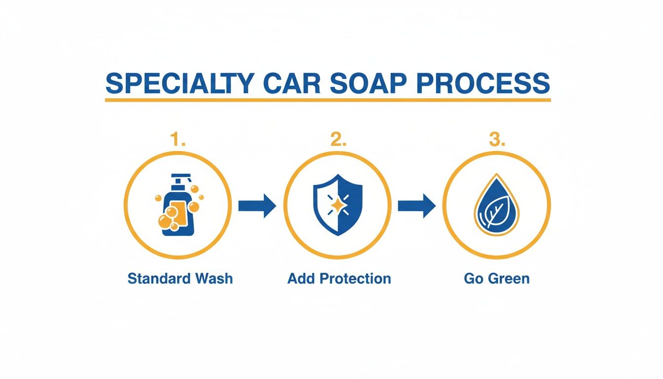 Diagram illustrating a three-step specialty car soap process: Standard Wash, Add Protection, and Go Green.