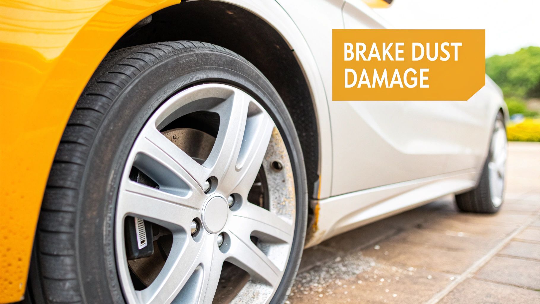Close-up of a car's silver wheel and tire showing accumulated brake dust and dirt.
