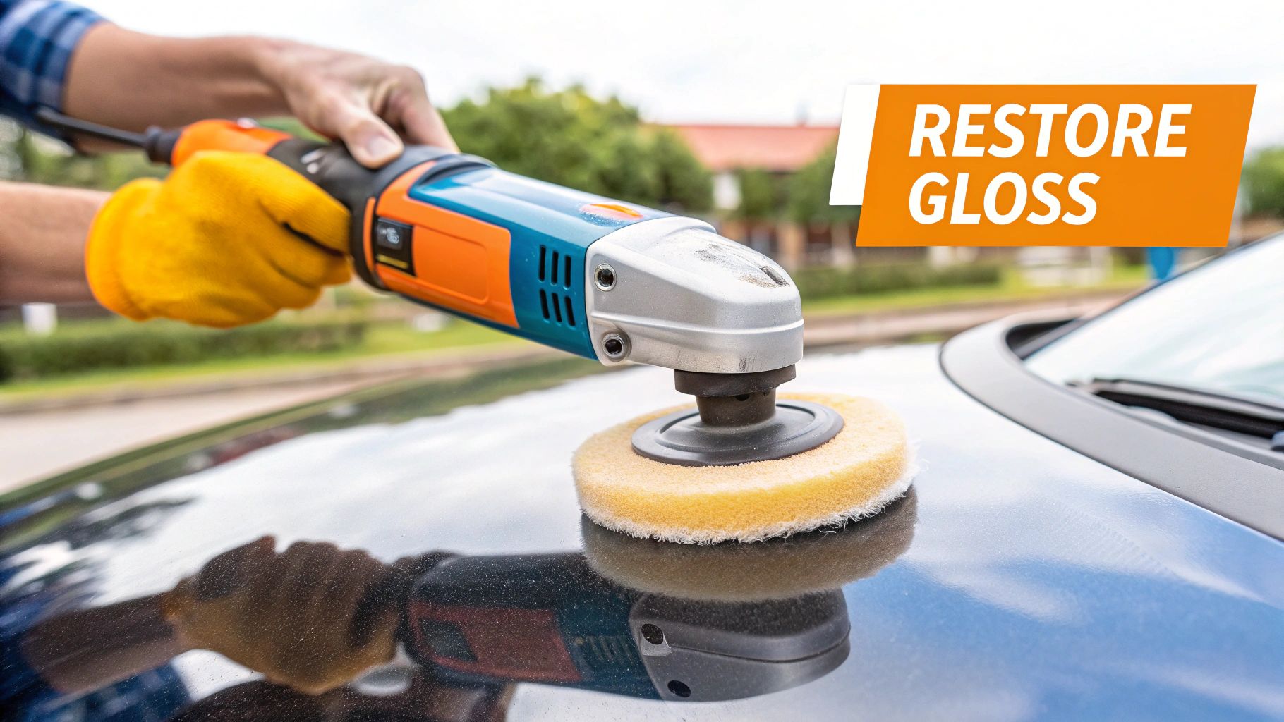 Person using electric polisher with yellow pad to restore gloss on car hood surface