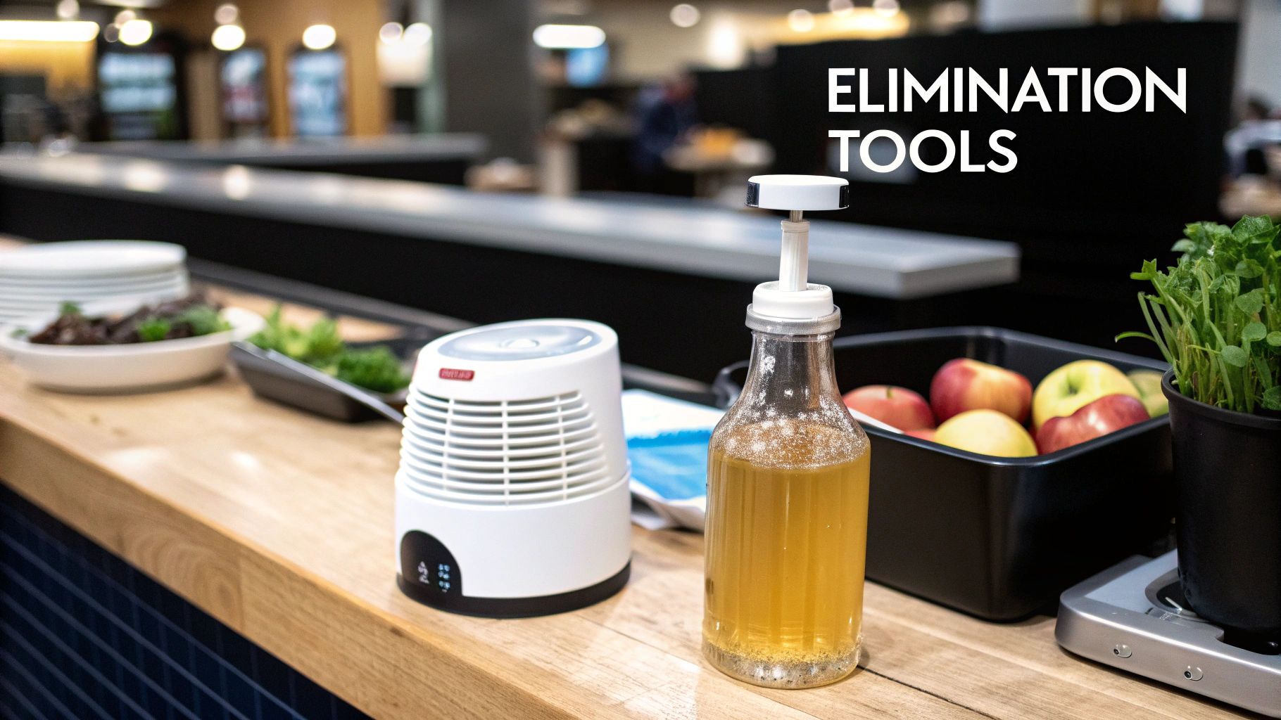 A counter with a fruit fly trap, a liquid dispenser, and fresh produce, featuring 'ELIMINATION TOOLS'.
