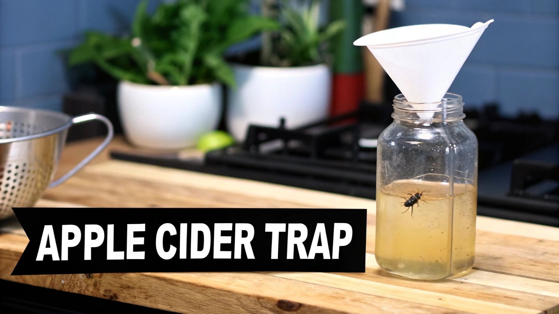 A DIY apple cider vinegar trap with a funnel and a trapped insect on a wooden counter.
