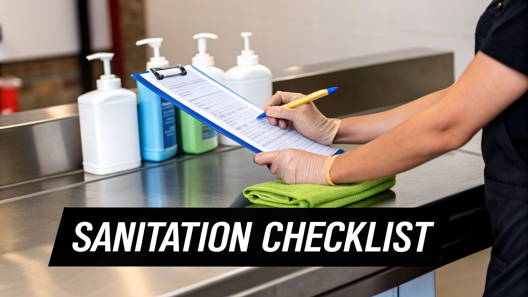 A person in gloves fills out a sanitation checklist next to several dispenser bottles on a counter.