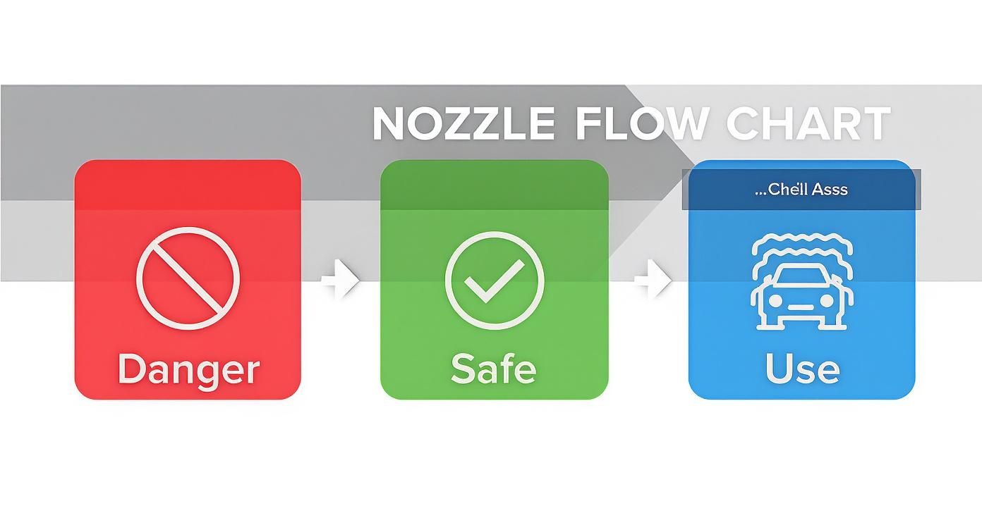 Infographic showing nozzle safety icons: a red danger icon, a green safe icon, and a blue car wash use icon.