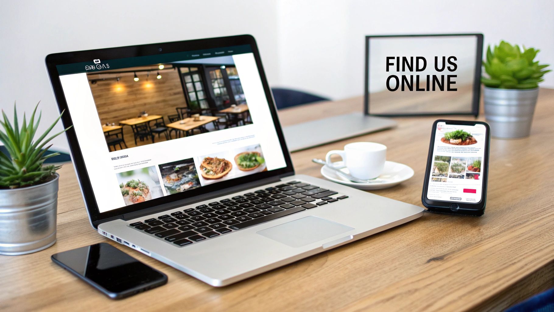 A laptop and smartphone display a restaurant website on a wooden desk with a 'FIND US ONLINE' sign.