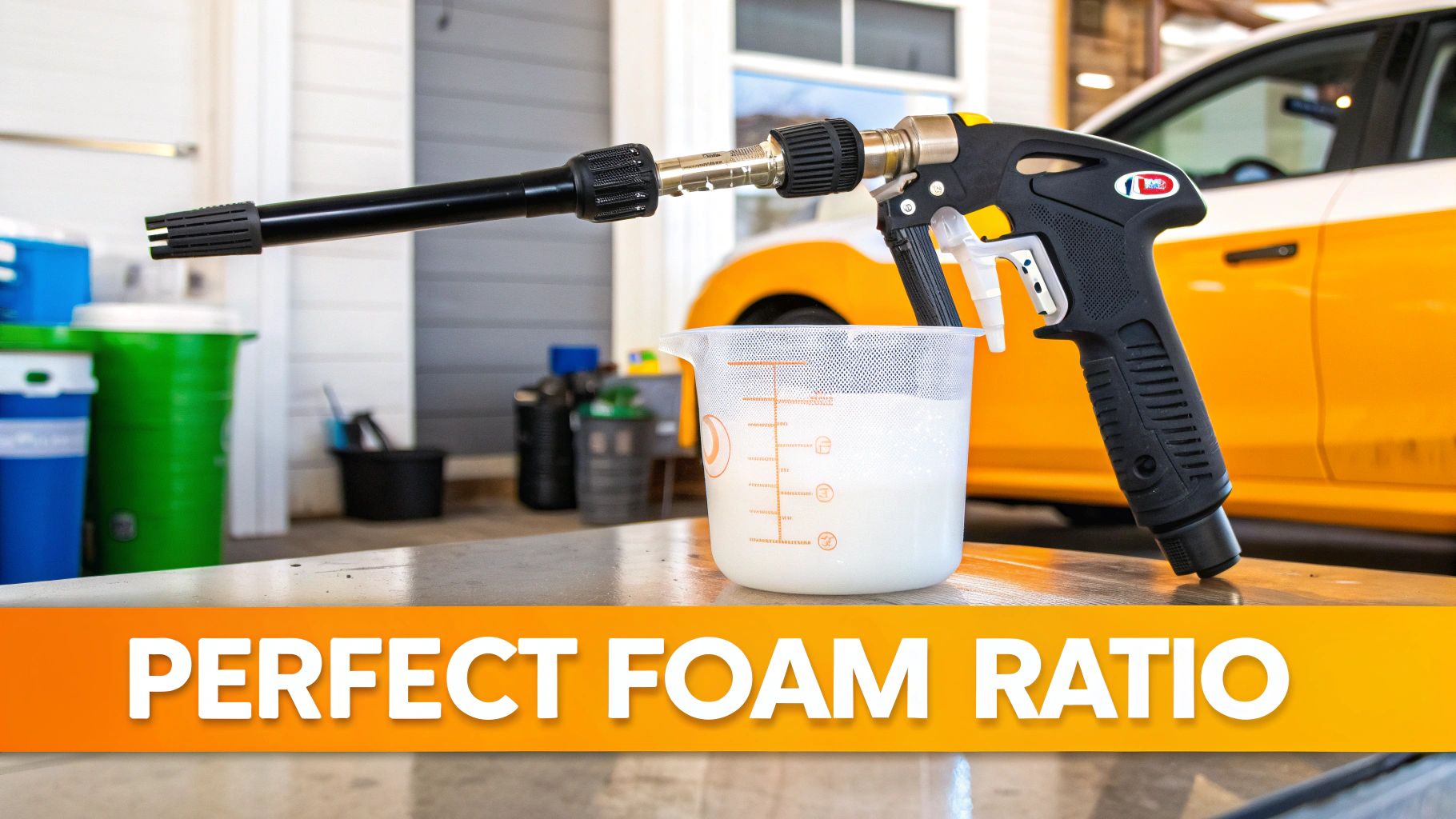A car wash foam gun dispenses perfect foam into a measuring cup, demonstrating the ideal foam ratio for detailing.
