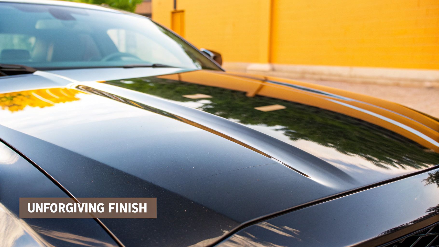 Close-up of a shiny black car hood reflecting a yellow wall, showing visible scratches on its unforgiving finish.