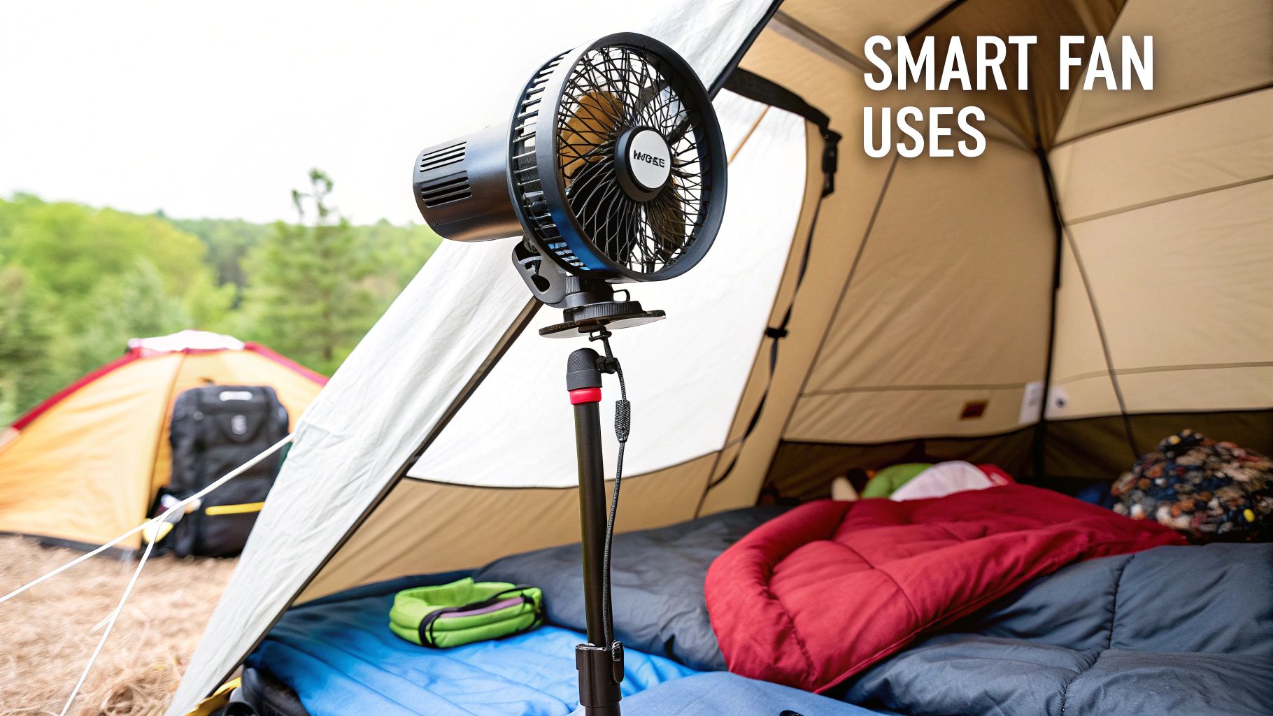 A battery powered cooling fan is used to create a gentle breeze in a cozy camping tent setup at dusk.