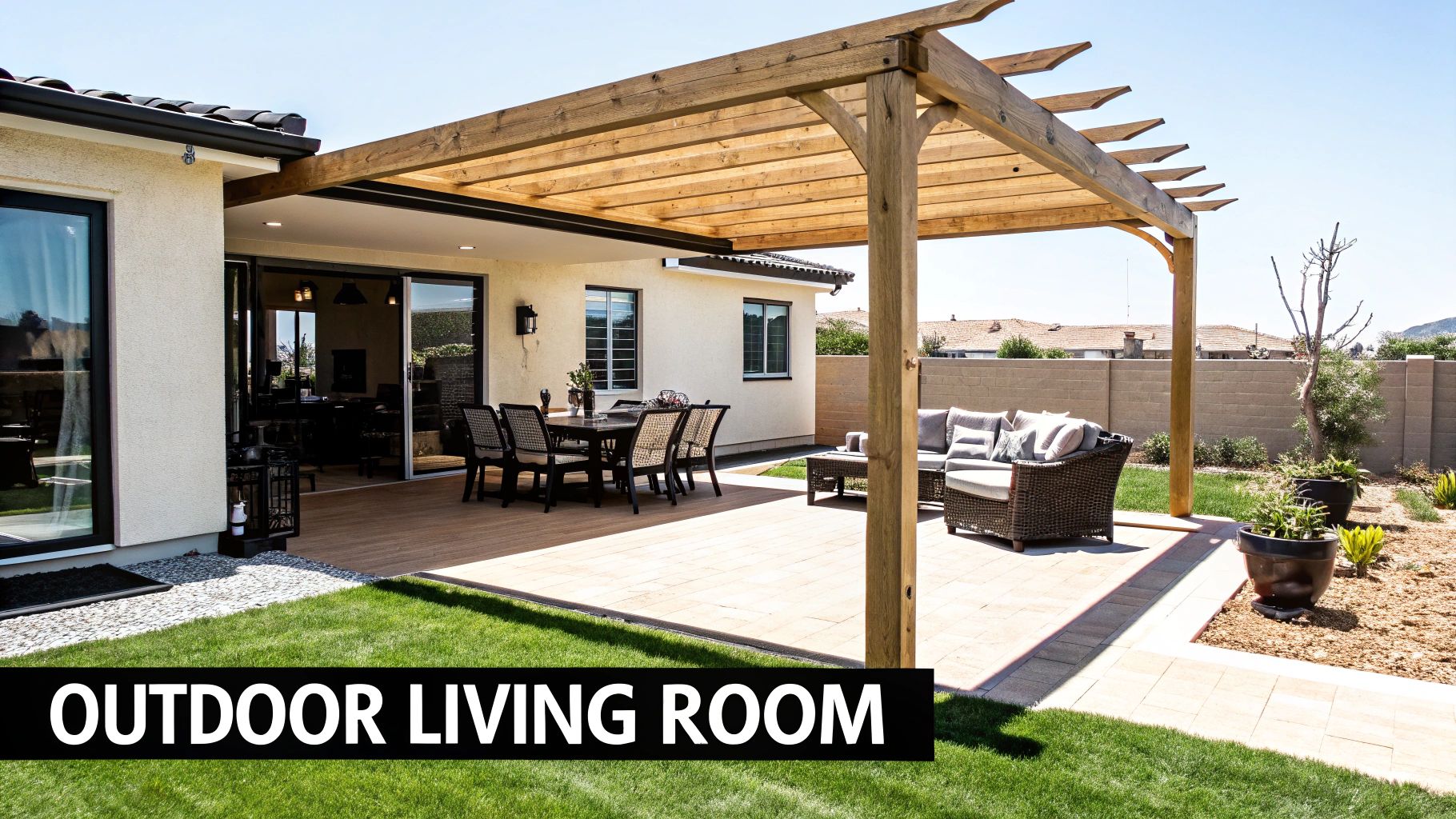 Spacious backyard patio with a wooden pergola, outdoor dining, and lounging areas on a sunny day.