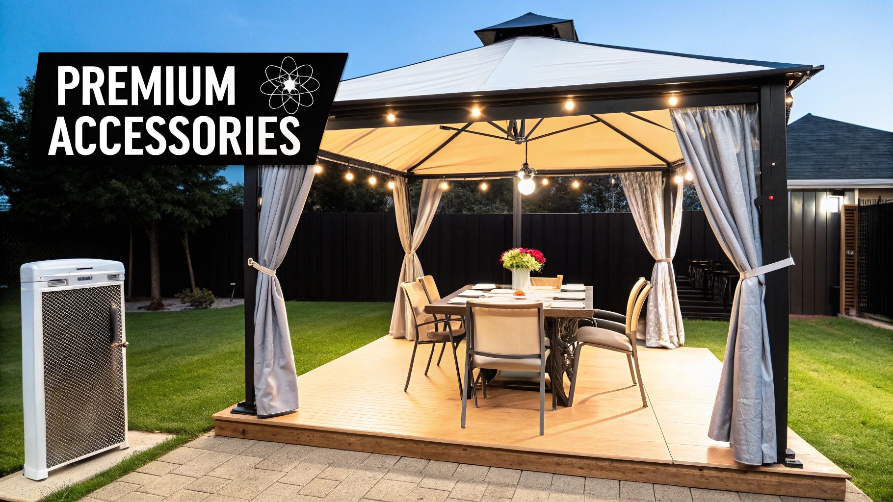 Stylish 10x12 gazebo setup with dining table, chairs, outdoor heater, and decorative lights at night.