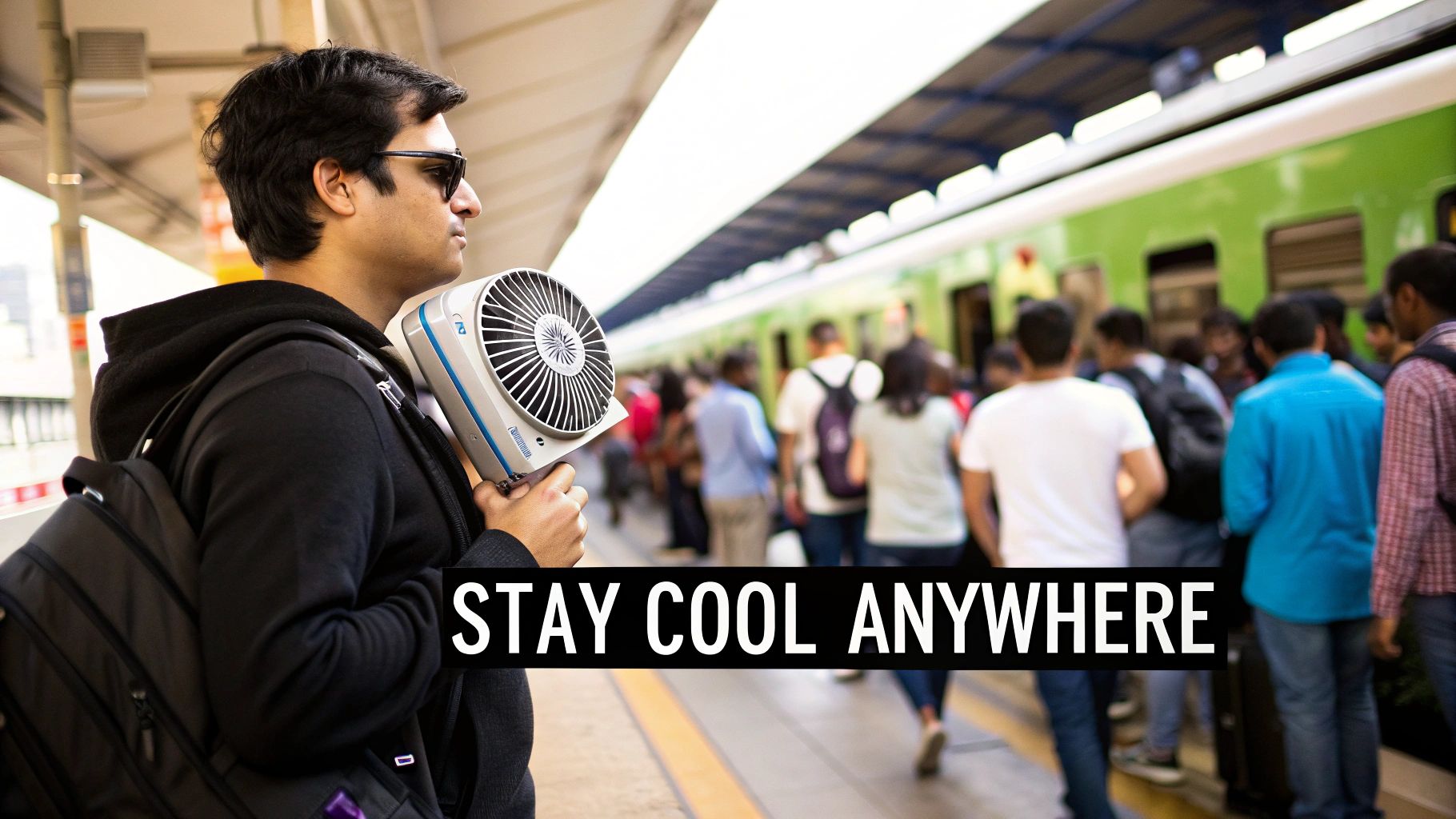 A person enjoying a gentle breeze from a battery powered cooling fan in an outdoor setting.