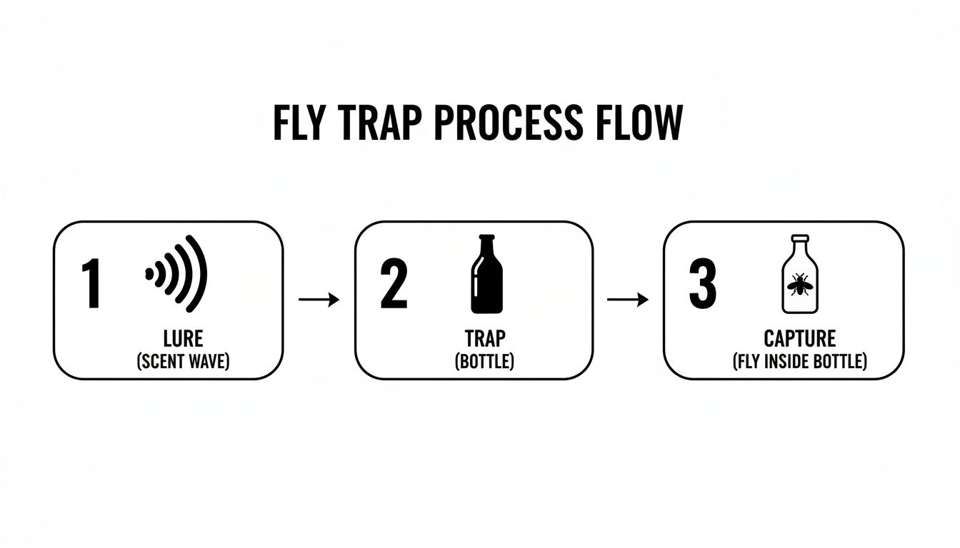 Flowchart illustrating the three-step fly trap process: lure with scent waves, bottle trap, and captured fly.