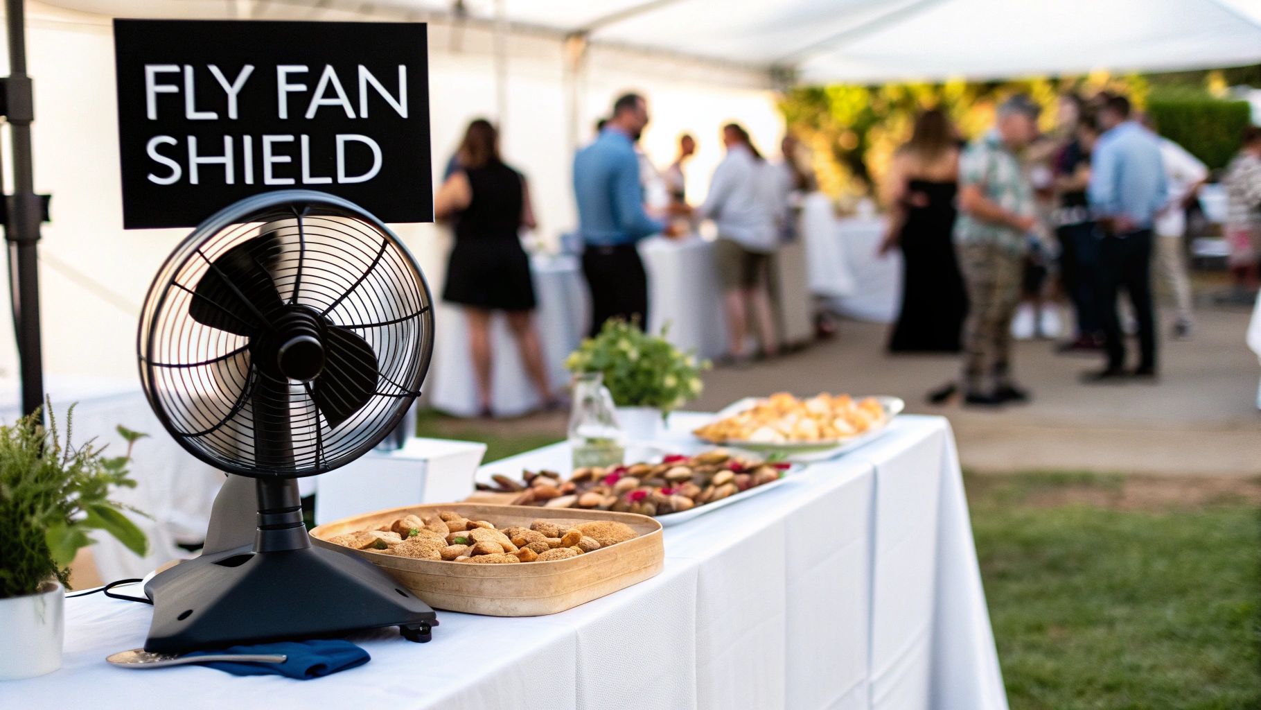 A black fan with a 'FLY FAN SHIELD' sign on a buffet table with snacks at an outdoor event.