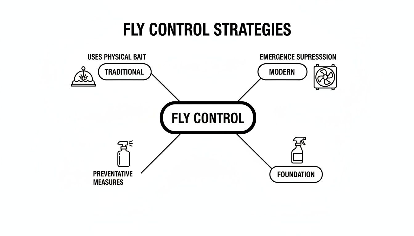 A mind map illustrating four fly control strategies: Traditional, Modern, Preventative Measures, and Foundation.