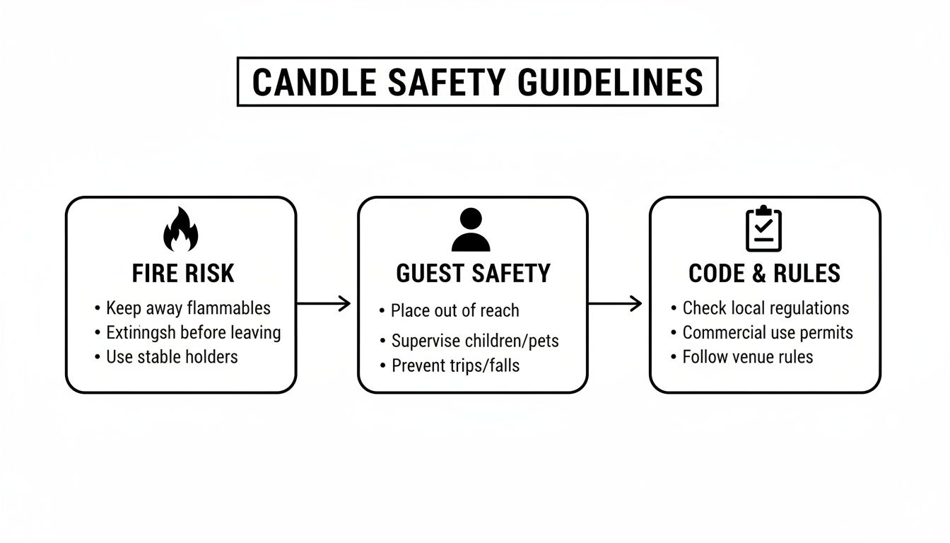 A diagram outlining candle safety guidelines, covering fire risk, guest safety, and code & rules.