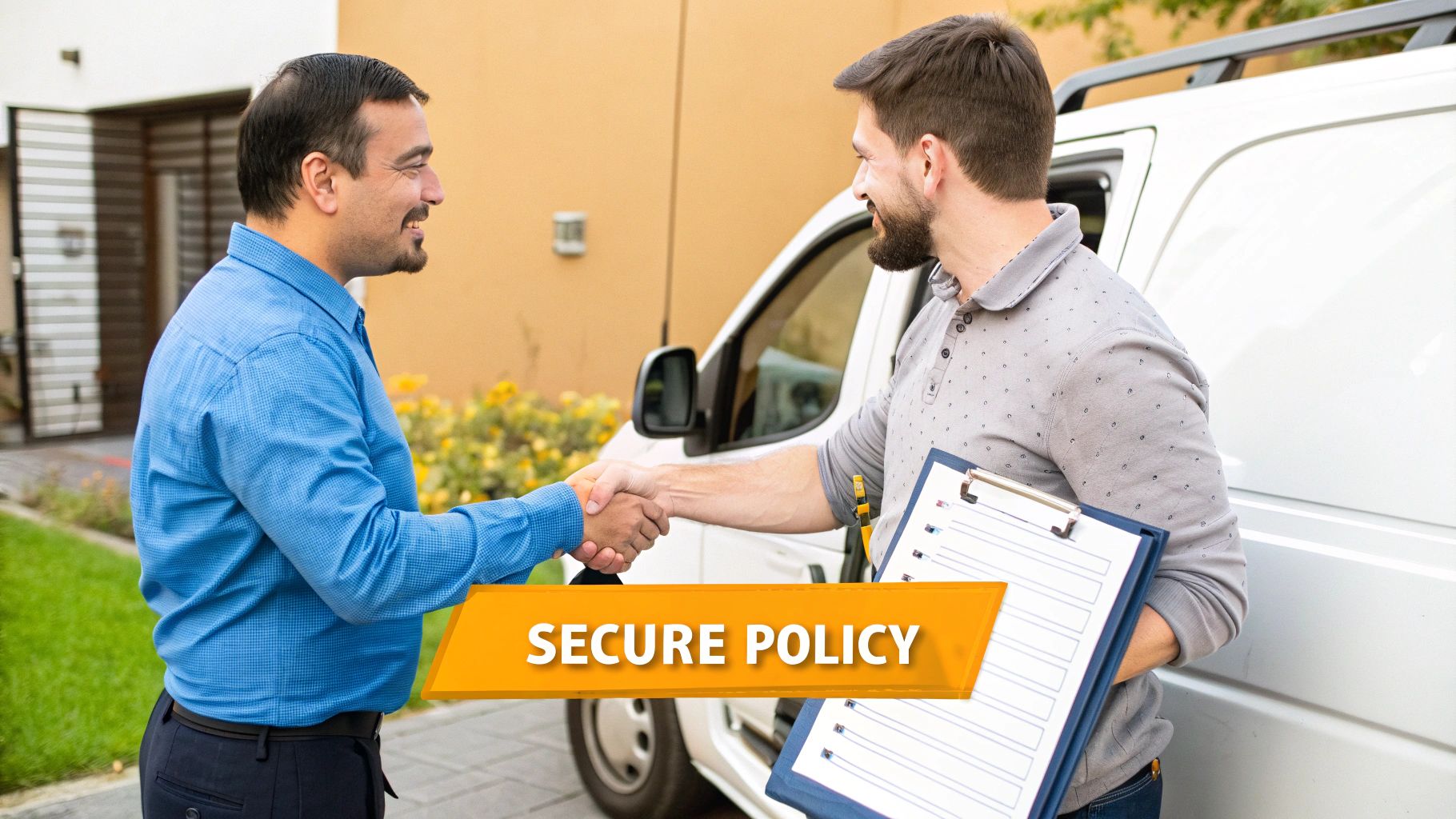 Two men shaking hands outdoors in front of a white van, with a "Secure Policy" text overlay.