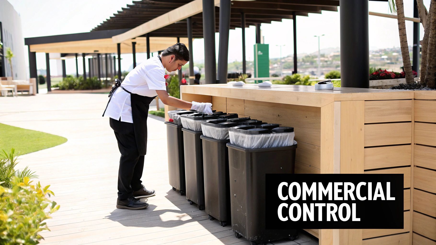 An outdoor dining area with fly fans on the tables to protect the food.