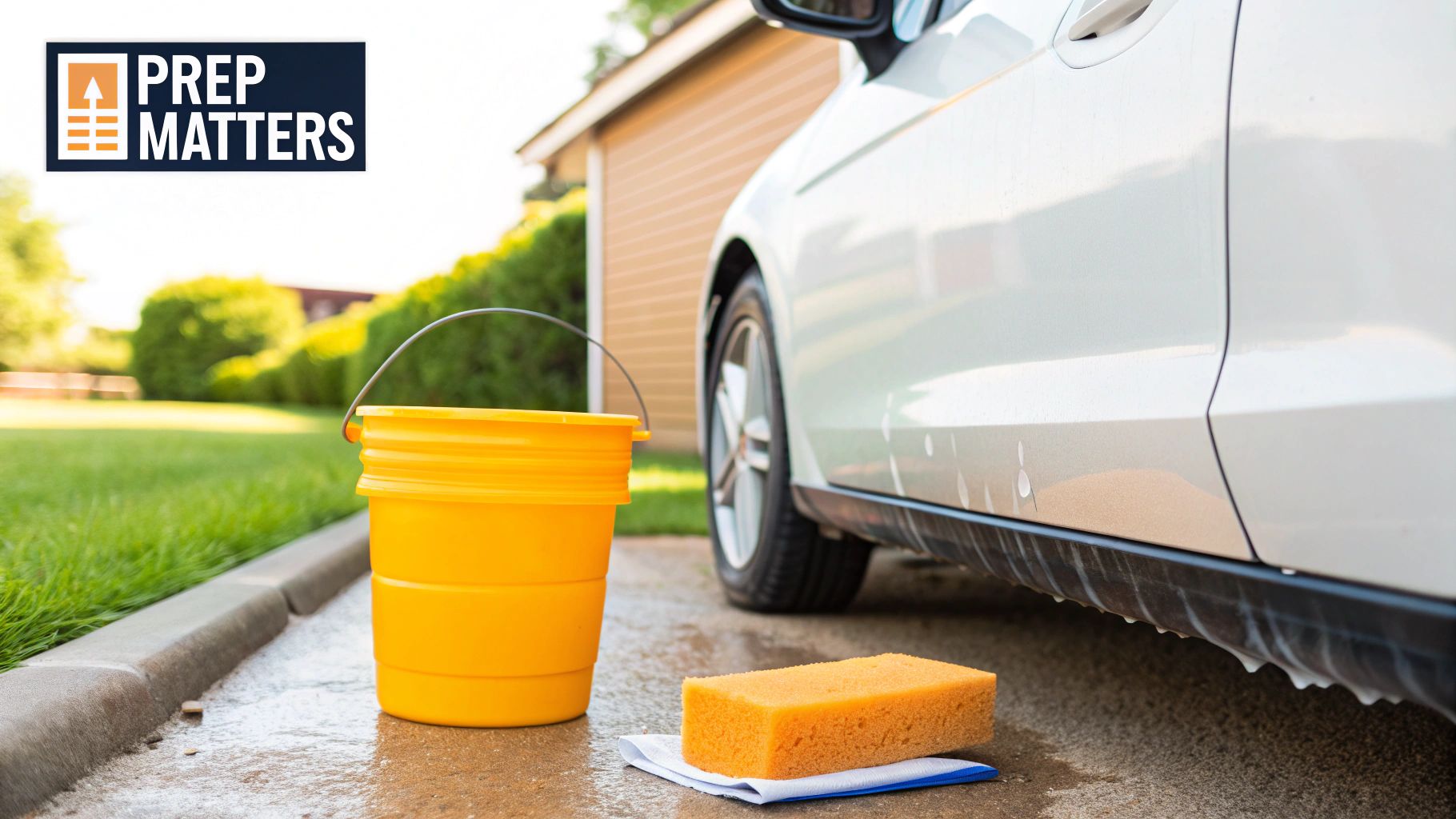 A white car is being washed outdoors with a yellow bucket and a sponge on a sunny day.