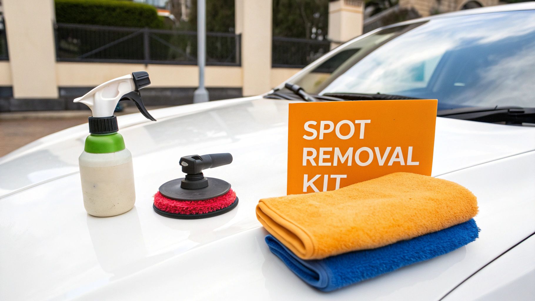 Spot removal kit with spray bottle, polisher, and towels on a white car hood.