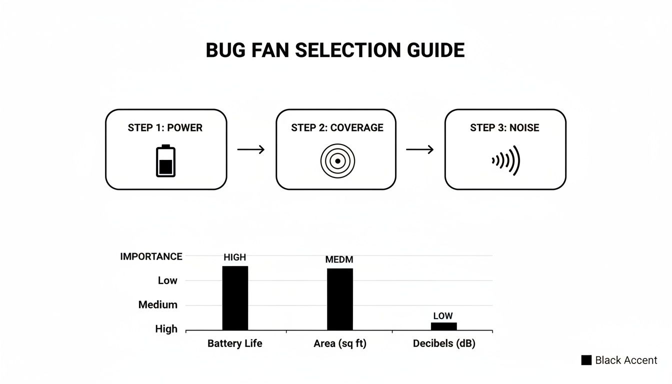 Bug fan selection guide showing steps for power, coverage, and noise, plus importance levels.