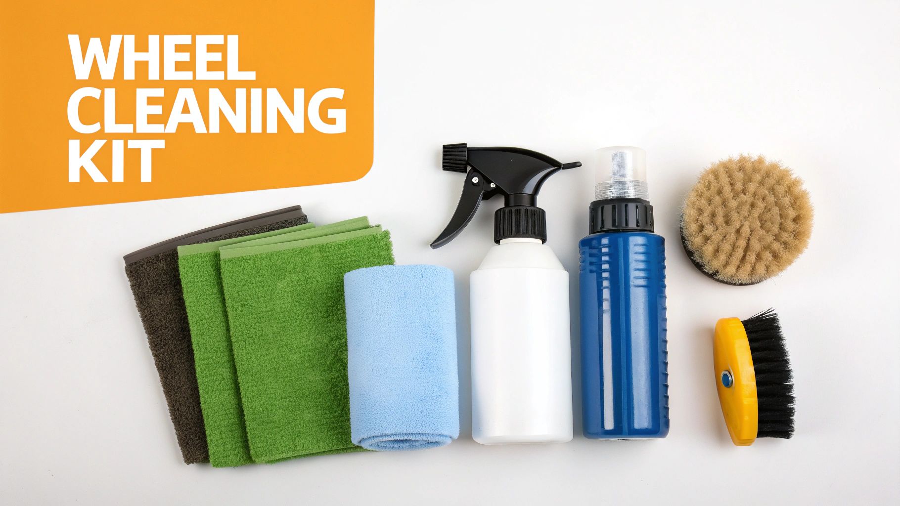 A top-down view of a wheel cleaning kit including towels, brushes, and spray bottles.