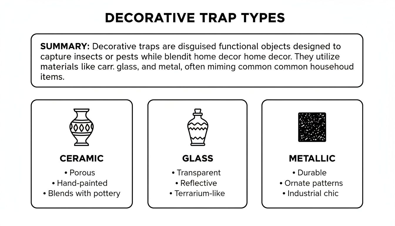 Infographic detailing three types of decorative traps: ceramic, glass, and metallic, designed to blend with home decor.