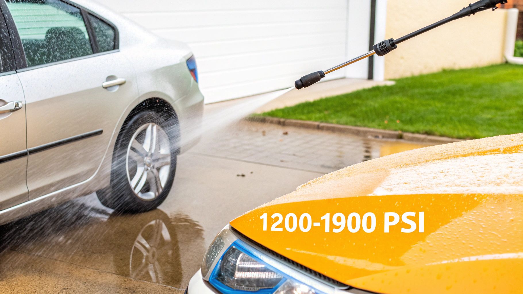 A person uses a pressure washer to clean a silver car, showing a recommended PSI range on a yellow car.