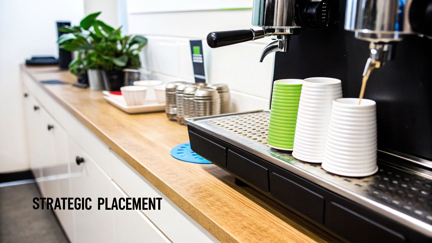An office coffee station with an espresso machine, paper cups, and a green plant on a wooden counter.