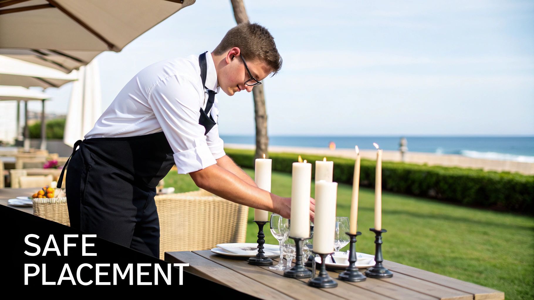 A young waiter carefully arranges lit candles on an elegant outdoor dining table by the ocean.