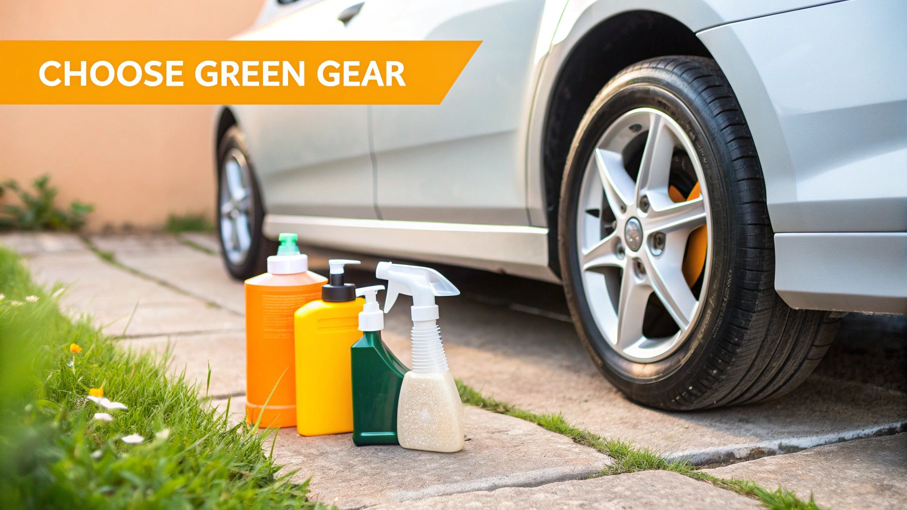 A person spraying an eco-friendly car cleaner onto a microfiber towel, with a car in the background.