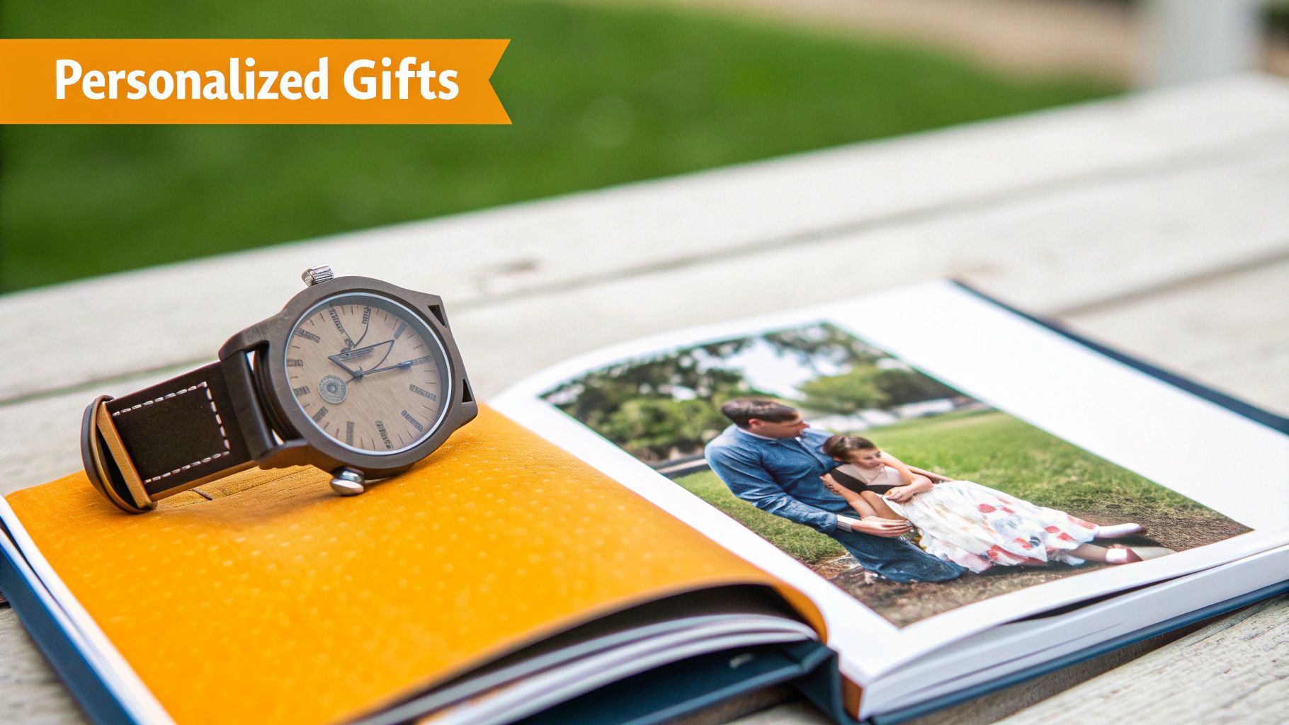 A personalized wooden watch rests on an open photo album featuring a father and daughter outdoors, promoting personalized gifts.