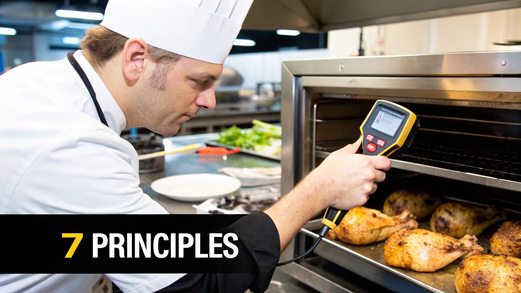 A food safety inspector using a tablet to review a checklist in a commercial kitchen, illustrating the systematic nature of the 7 HACCP principles.