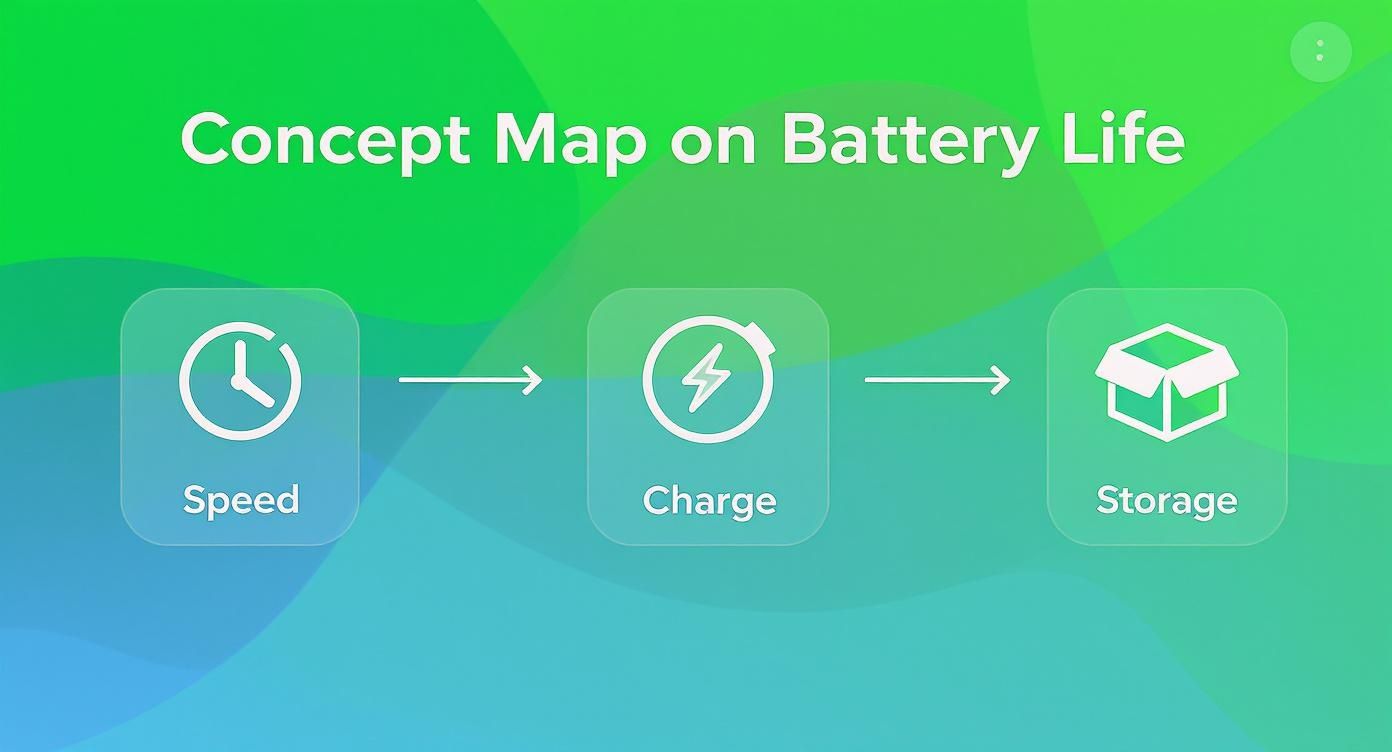 Concept map showing three stages of battery life: speed, charge, and storage with icons