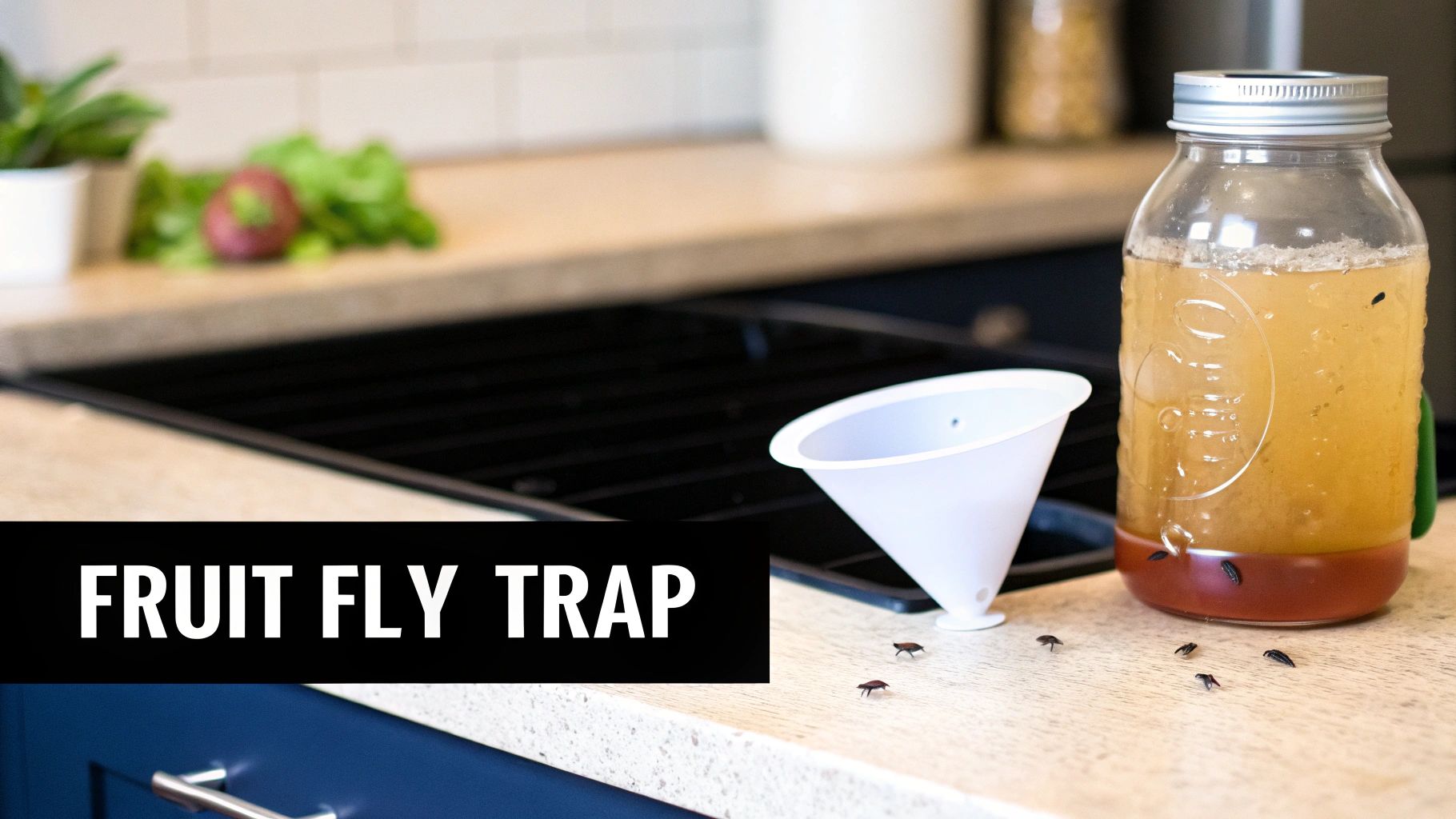 A DIY fruit fly trap made with a glass jar, apple cider vinegar, and a paper cone.