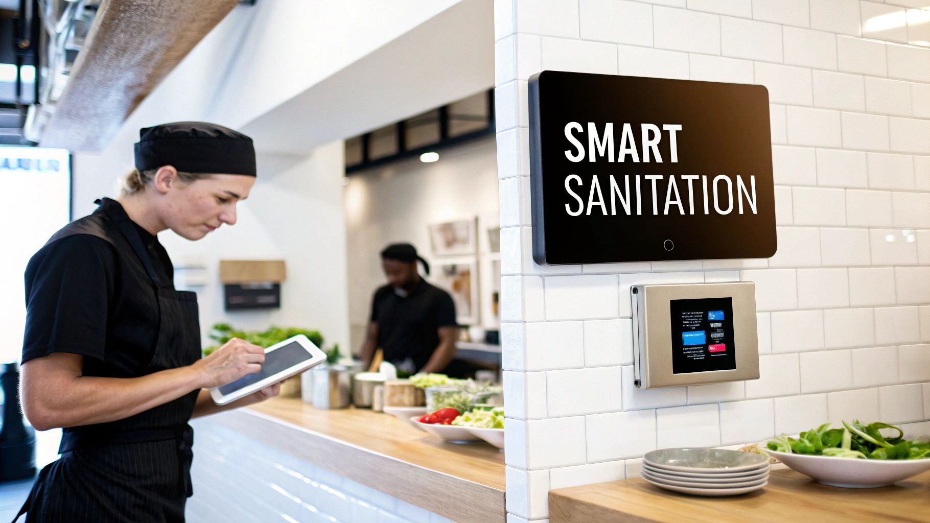 A person using a digital tablet to manage tasks in a modern restaurant setting.